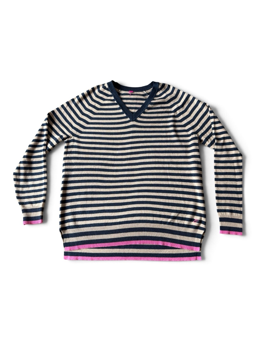 Zaget and Plover Women’s  Striped V-Neck Sweater in Navy, Cream & Pink